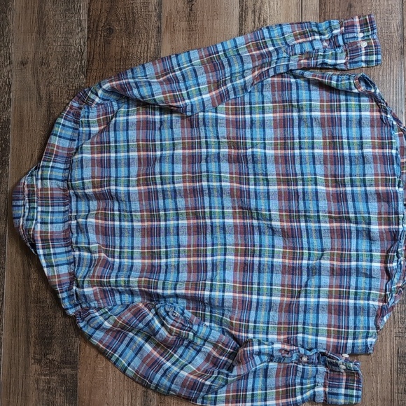 L.L. Bean Plaid 100% Linen Casual Button Down Size Medium in Blue / Adobe - Picture 5 of 7